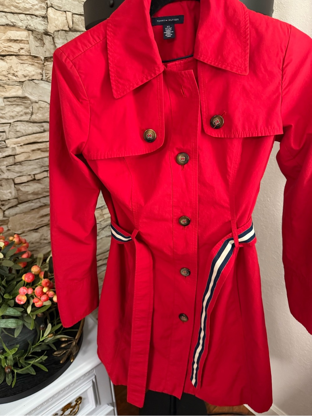Tommy Hilfiger Bright Red Trench Coat with Striped Belt